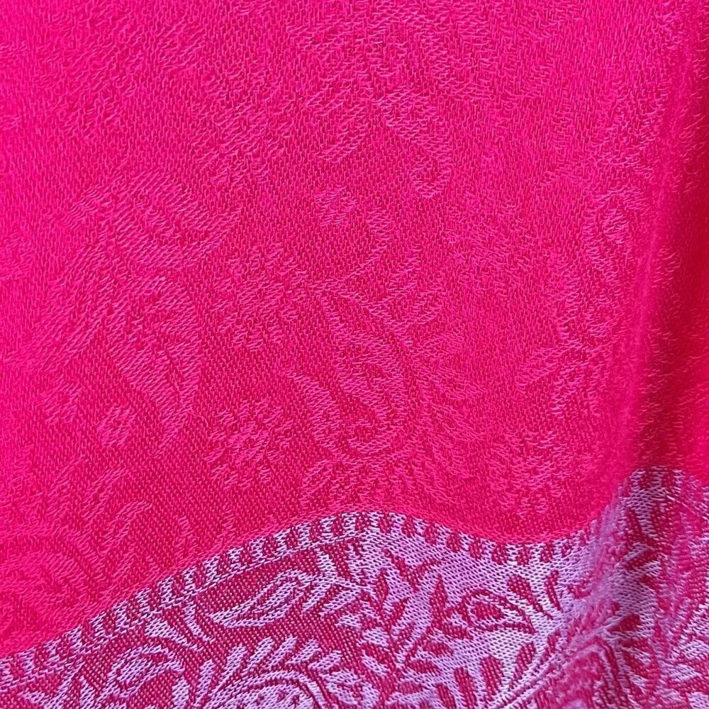 Bright Pink Silver Pashmina Scarf Wrap Fringed Ends Paisley Pattern EUC
